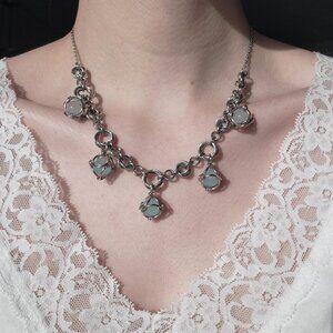 Vintage blue pearls and silver chunky statement necklace with a silver chain